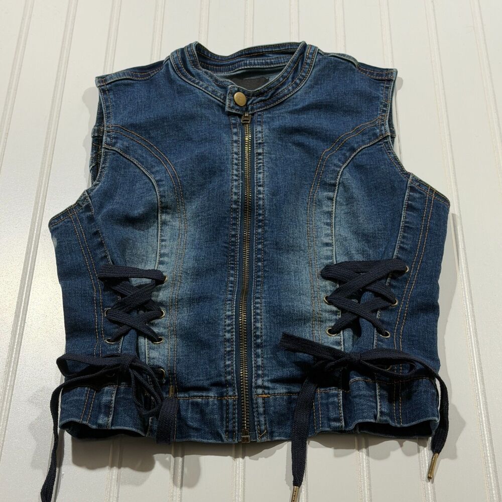 Lace Up Side Denim Vest Crop Corset Top Festival Western Biker Jean Jacket XS